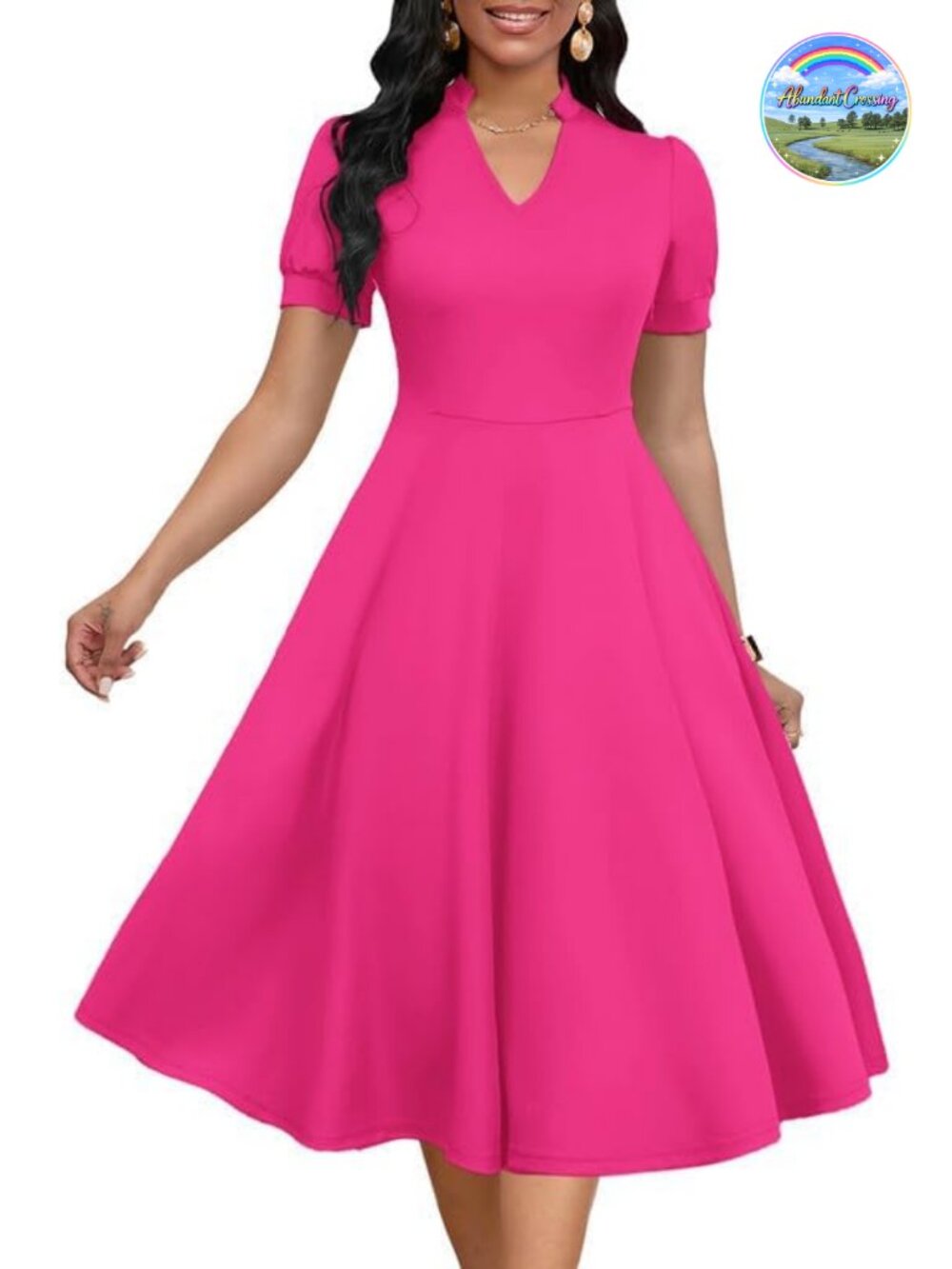 Women's Puff Sleeve V-Neck A-Line Cocktail Party Dress